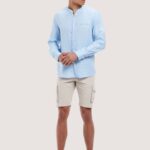 είδη ένδυσης Alcott camicia 100% lino collo coreano az3 γαλάζιο φως άνδρες RRJDJ41033