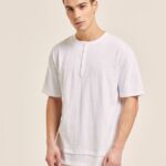 είδη ένδυσης Alcott T-shirt από λινό μείγμα με γιακά σεραπέ άσπρο άνδρες RRJDJ4599